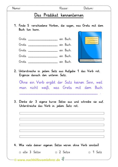 Das Prädikat kostenloses Arbeitsblatt PDF Satzglieder Grundschule