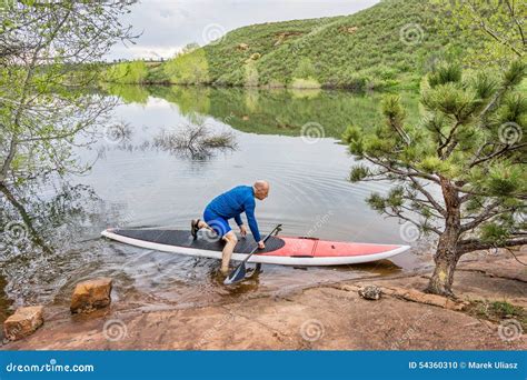 Senior Paddler Launching Paddleboard Stock Photo Image Of Launching