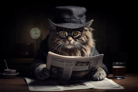 Premium Ai Image Cat Reading Newspapers In Glasses Generative Ai