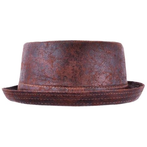 Pork Pie Hat Distressed Leather Look Vintage Style Trilby Hats In Black Or Brown Etsy