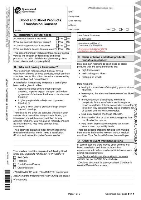 Blood Blood Products Transfusion Consent Form