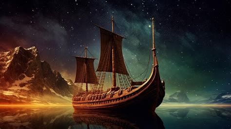 Premium AI Image | Viking ship sails among the stars with majestic