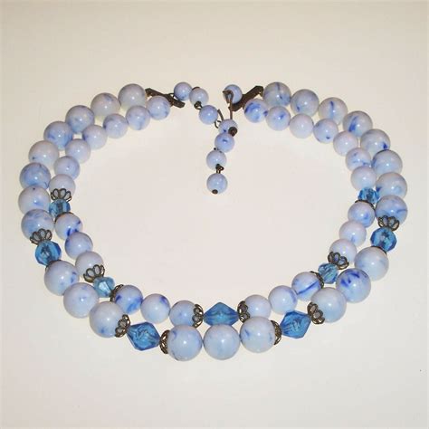 Vintage Beaded Necklace Blue White Beads Lucite Crystals Haute Juice