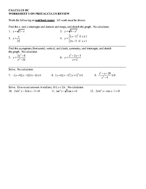 HW+1 - calc bc hw unit 1 - CALCULUS BC WORKSHEET 1 ON PRECALCULUS