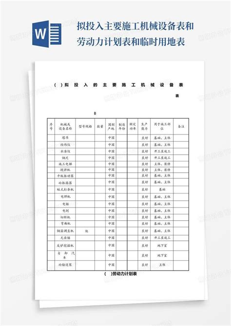 拟投入主要施工机械设备表和劳动力计划表和临时用地表 Word模板下载编号qdkkbgog熊猫办公