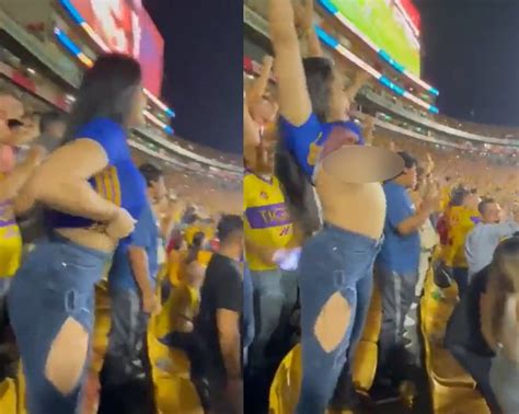 Viral Mujer Aficionada De Tigres Se Levanta La Blusa Durante Partido