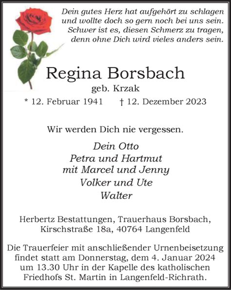 Traueranzeigen Von Regina Borsbach Trauer In Nrw De