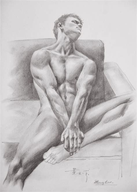 Original Drawing Charcoal Pencil Art Male Nude Gay Interest Man On