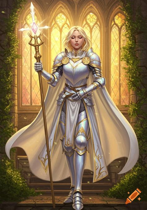 A Blonde Female Knight In Gleaming White And Gold Armor Holds A Glowing