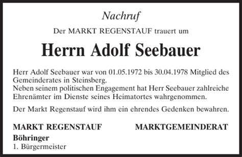 Traueranzeigen Von Adolf Seebauer Mittelbayerische Trauer