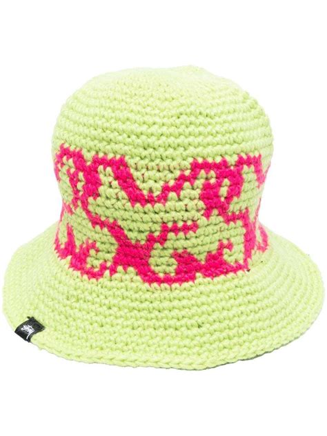 Buy St Ssy Intarsia Knit Wide Brim Bucket Hat Green At Off