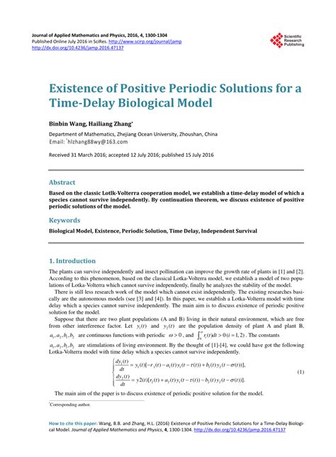 Pdf Existence Of Positive Periodic Solutions For A Time Delay