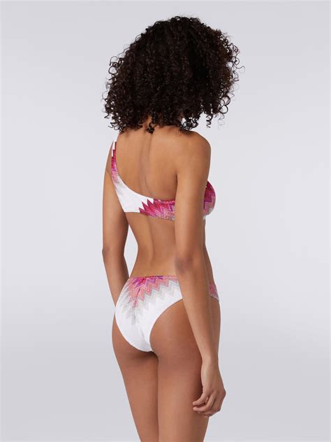 One shoulder bikini with zigzag and lamé White Pink Fuchsia Missoni