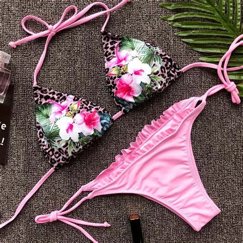 2018 Summer Women Sexy Print Low Waist Bikini Set Push Up Padded Swimwear Swimsuit Pink Bathing