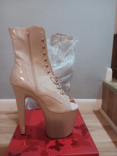 Pleaser 8 Xtreme 1021 Open Toe Boot Nude Tan Patent US Size 12 Women