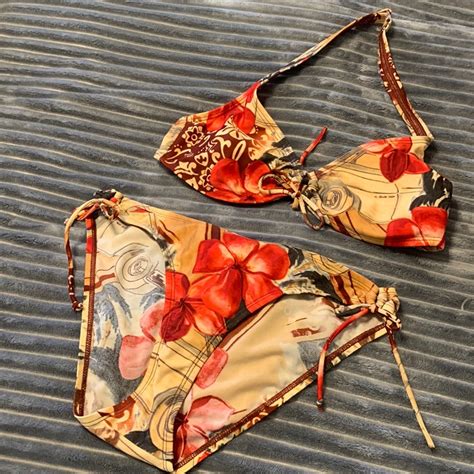 Speedo Bikini Red Tan Hibiscus Flower Vintage Print Gem