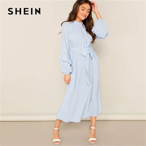 Shein Lady Casual Blue Frill Neck Belted Solid Pleated Maxi Dress Women