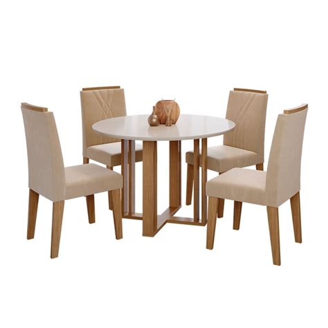 Conjunto De Mesa De Jantar Redonda Tampo Mdf Off White Flora E Cadeiras Nicole Suede Nude
