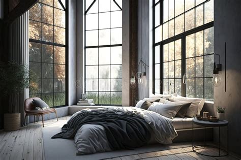 Illustration of Modern Bedroom with Big French Windows Stock ...