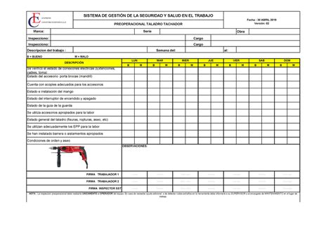 Preoperacional Taladro Tachador Obra Descripcion Del Trabajo Al B