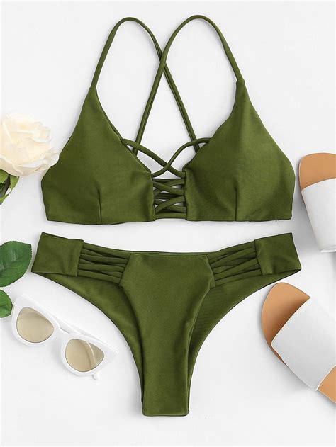 Shein Criss Cross Top With Caged Bikini Set Yashry