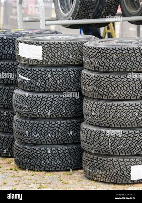 Sets Of New High Performance Gravel Rally Tires Closeup Of Modern