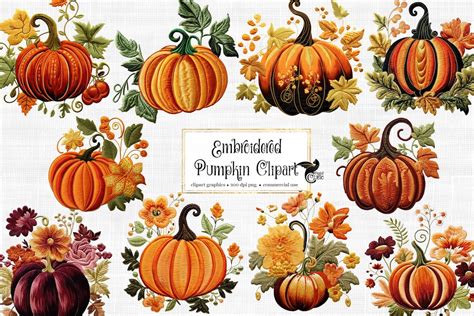 Embroidered Pumpkin Clipart Autumn Cute Pumpkins and Flowers PNG Format Instant Download for ...