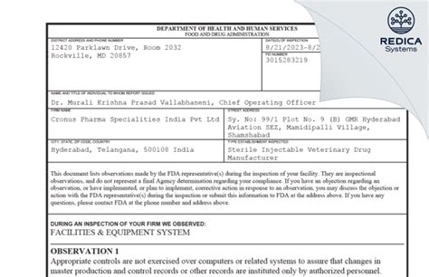 CRONUS PHARMA SPECIALITIES INDIA PRIVATE LIMITED - Form 483, 2023-08-29 ...