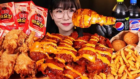 Asmr 후참잘 신메뉴🍗맵달킹치킨에 불닭마요킹 소스 듬뿍 후라이드치킨 치즈볼 눈꽃치즈감자까지 양념 치킨 먹방 Korean