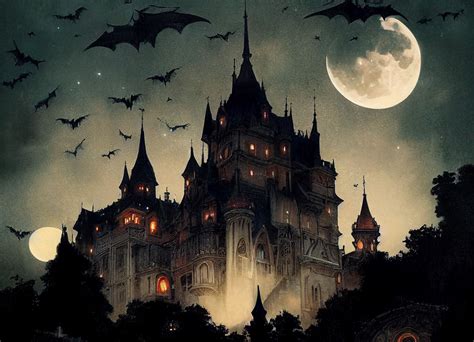 Vampire Castle Gothic Victorian Highly Detailed Architecture Full Moon ...