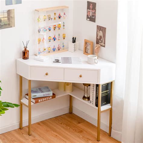 Ifanny Corner Desk With Drawers 90 Degrees Triangle Desk Wstorage Shelves And Metal Frame