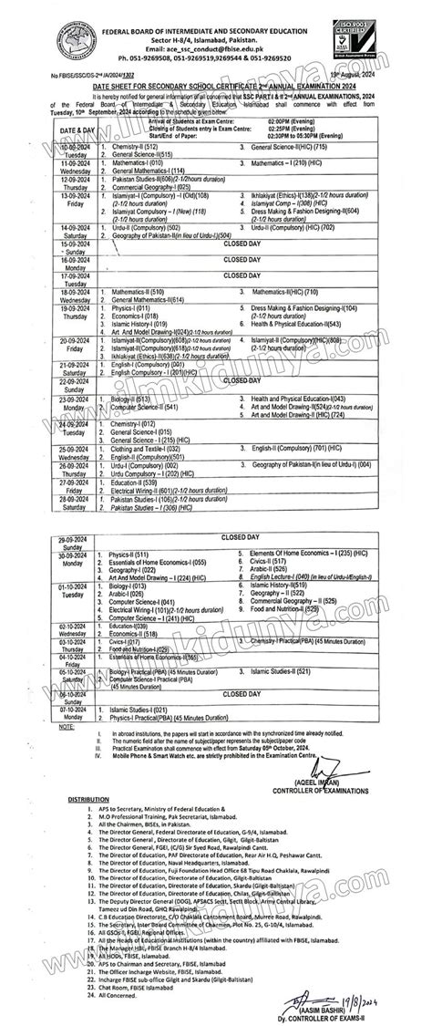 Fbise Federal Board 10th Class Date Sheet 2024