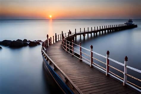 Premium Ai Image A Pier With The Sun Setting Over The Water