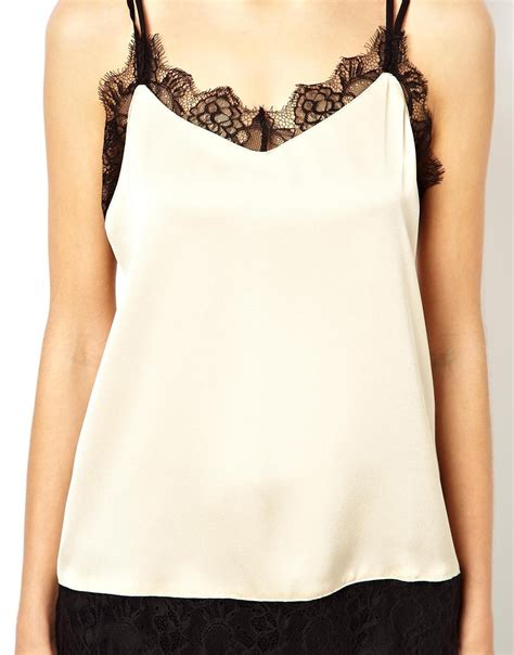 Lyst Asos Satin Cami With Lace Trim Panels In Natural