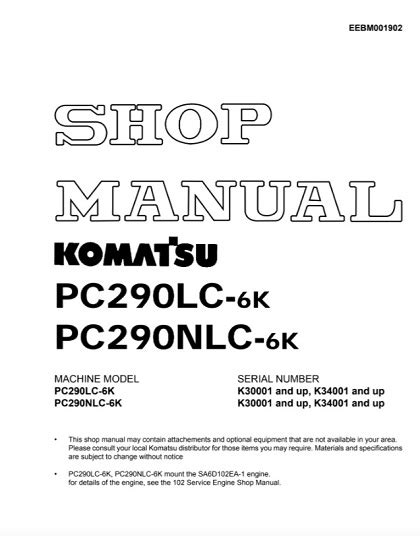 Komatsu Pc290lc 6k Pc290nlc 6k Hydraulic Excavator Shop Manual Manualbuy