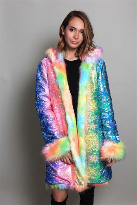 Glossy Rainbow Winter Festival Fur Coat Faux Boho Reversible Etsy