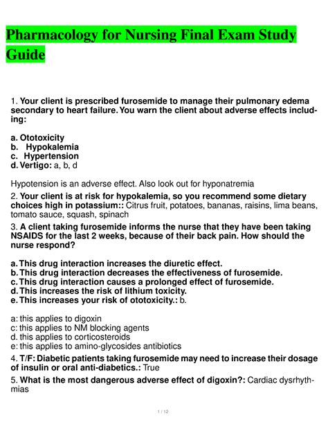 Pharmacology For Nursing Final Exam Study Guide Pharmacology For