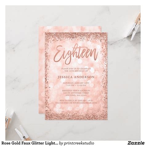 Rose Gold Faux Glitter Lights 18th Birthday Invitation | Zazzle.com Birthday Invitation ...