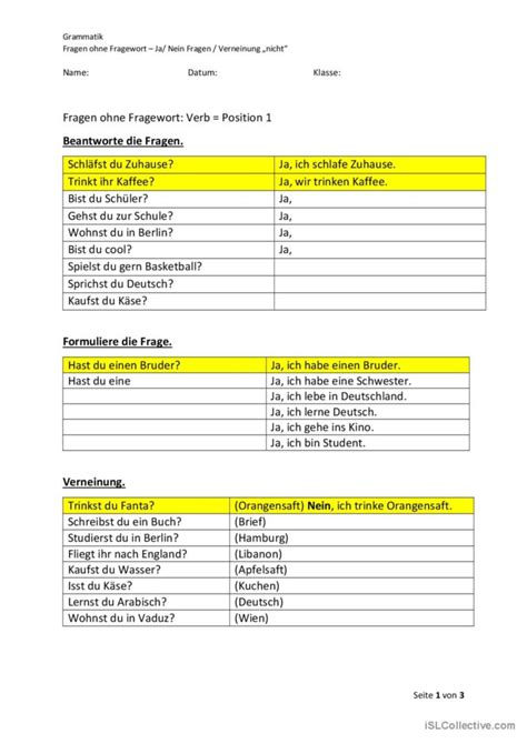 Fragen Ohne Fragewort Ja Nein F Deutsch Daf Arbeitsbl Tter Pdf Doc