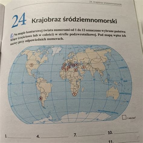 Na mapie konturowej świata numerami od 1 do 12 oznaczono wybrane