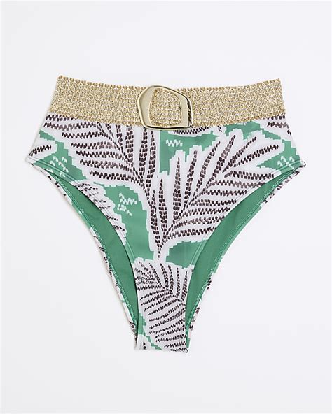 Green High Waisted Leaf Bikini Bottoms River Island