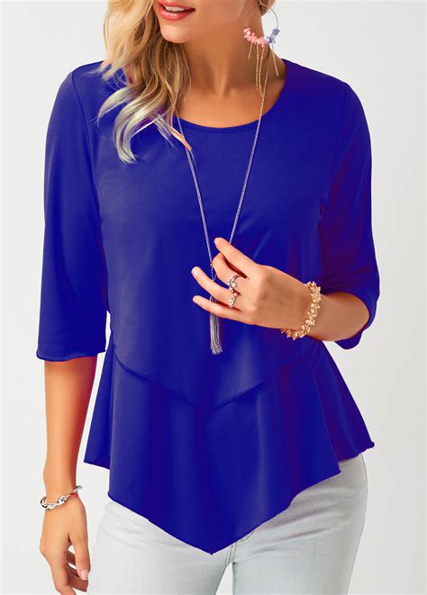 Round Neck Asymmetric Hem Chiffon Blouse Usd 28 74