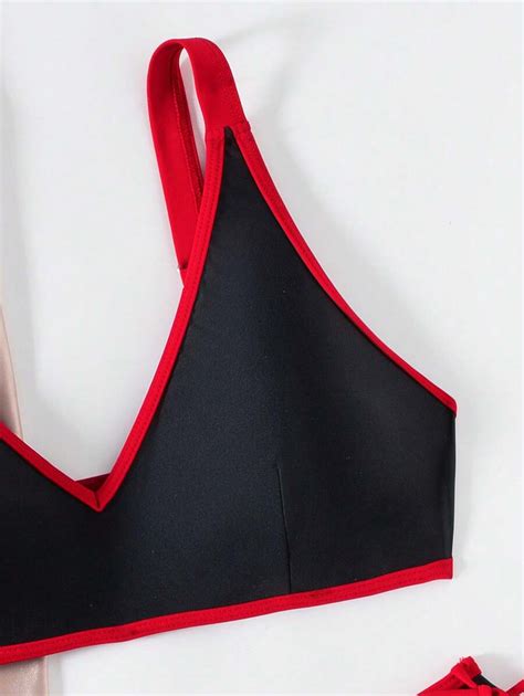 Shein New Summer Women Beach Outfits Contrast Strap Top And Bikini Bottoms Pieces