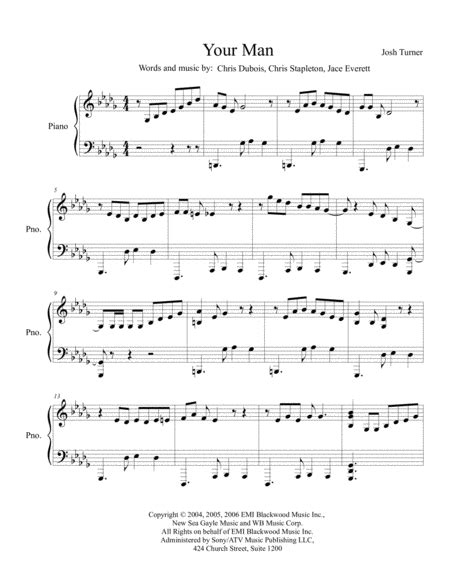 Your Man Sheet Music Josh Turner Piano Solo