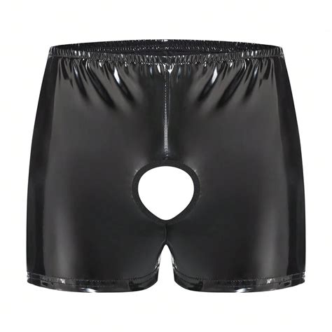 Syhzlz Men Sexy Below Open Crotch Leather Boxer Shiny Pu Leather