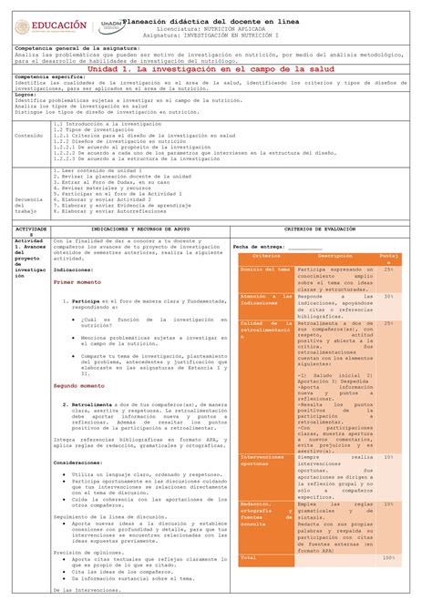 Planeaci N Unidad Planeaci N Did Ctica Del Docente En L Nea