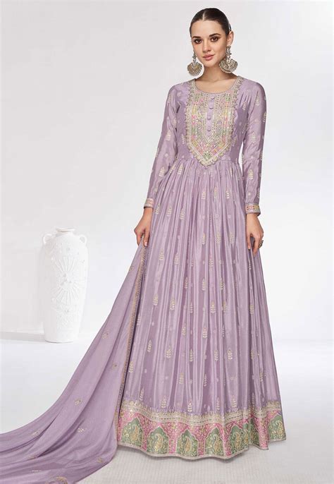 Buy Embroidered Chinon Chiffon Abaya Style Suit In Light Purple Online