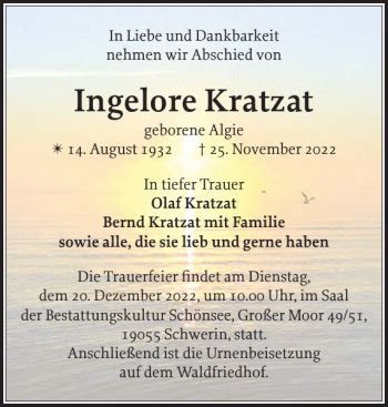 Traueranzeigen Von Ingelore Kratzat Trauer Nordkurier