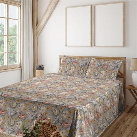 Ambesonne Floral Sheet Set Vintage Style Hibiscus Art Mauve Mustard