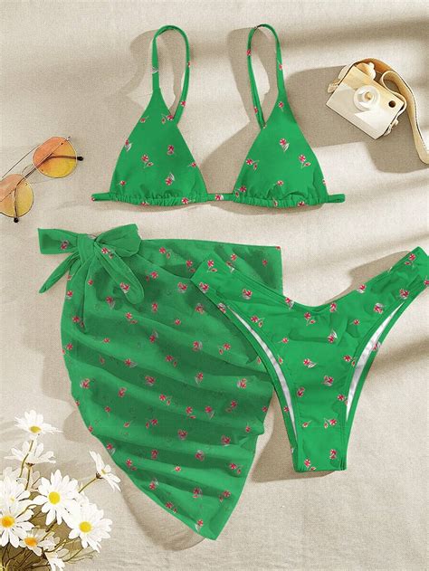 Triangel Bikini Mit Bl Mchen Muster Strandrock Aktuelle Trends